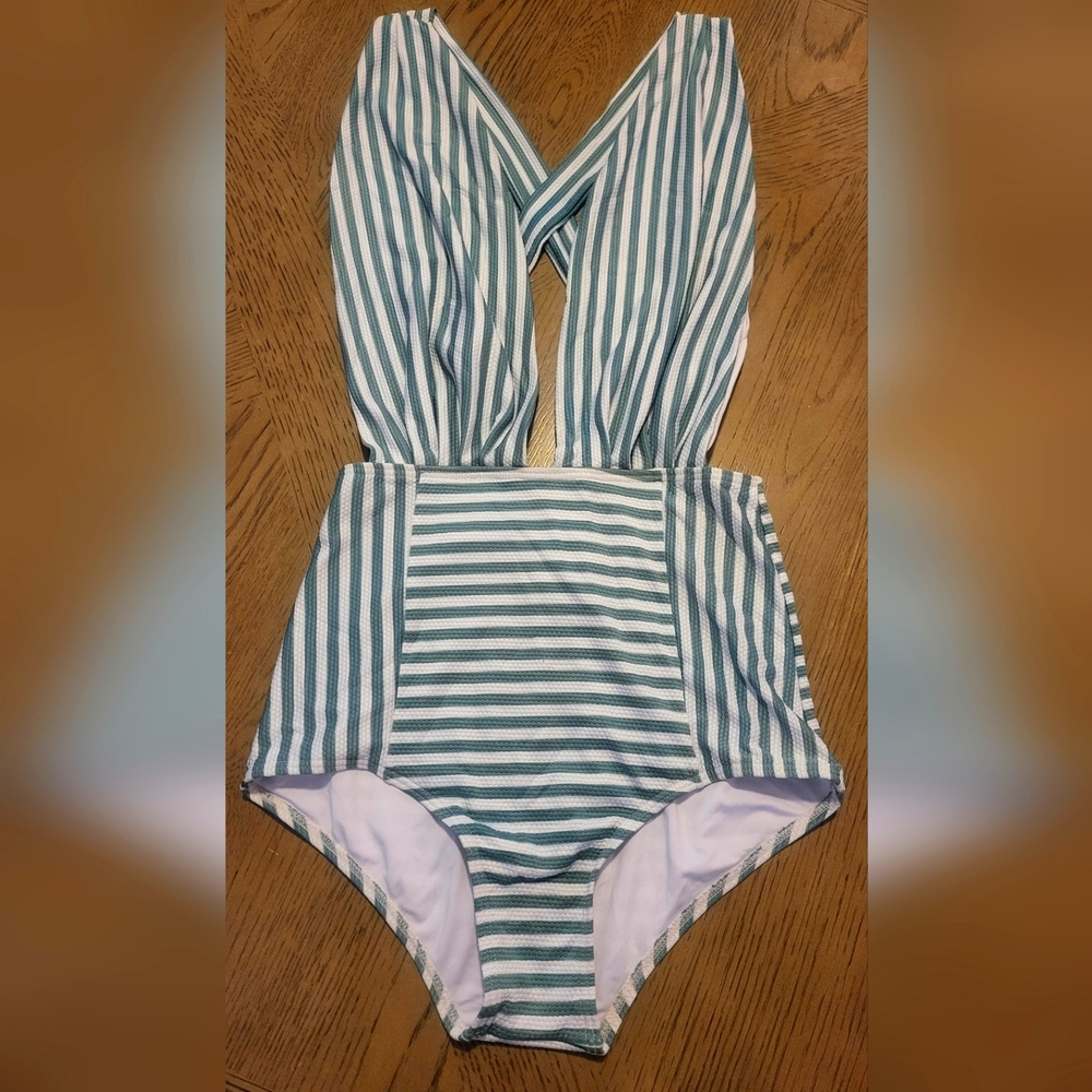 Retro green and white one piece backless bathing suit